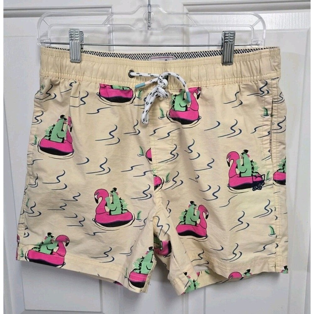 Party Pants River Dino Men's Swim Trunks Board Shorts Yellow Flamingo Small